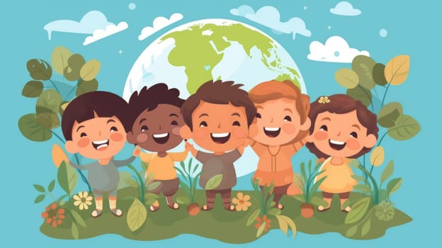 Cute earth model surrounded with happy multicultural children standing around. Group of children assemble to prevent global warming. Represent Ecological and environmental friendly concept. AIG35.