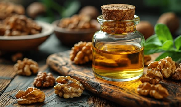 Walnut Oil and Whole Walnuts on Table. Selective focus.