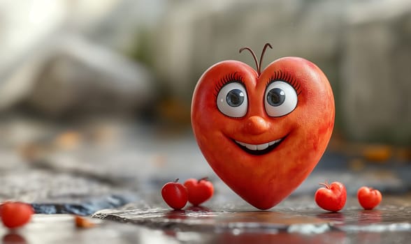 Cartoon, 3D, red heart shaped character. Selective focus.