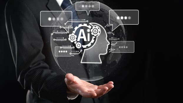 Human interact with AI artificial intelligence virtual assistant chatbot in concept of AI artificial intelligence prompt engineering, LLM AI deep learning to use generative AI for work support. FaaS