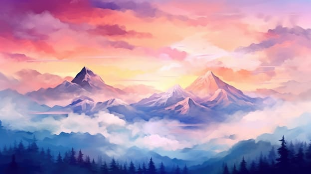Abstract painted sky with vibrant cloud colors. Twilight sky in sunset with pastel watercolor and fantasy cloud background. Artistic background with a blend of pink, blue, and orange hues. AIG35.