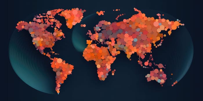 Stylized world map composed of multicolored circles on a white background with a modern artistic touch. Creative pattern of world map with colorful point with circle shape. Geography concept. AIG35.