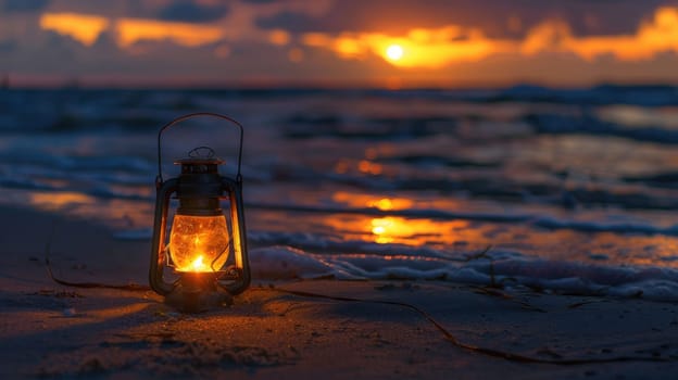 A lantern illuminates the beach as the sun sets, casting a warm glow over the water and sky. The landscape is transformed as dusk falls, creating a peaceful and picturesque scene for travelers AIG50