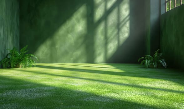 Room With Green Grass Floor and Window. Selective soft focus.