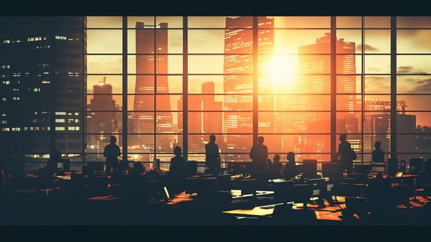 Silhouetted figures move about in a bustling office space with desks and computers against the backdrop of a radiant urban sunset - Generative AI