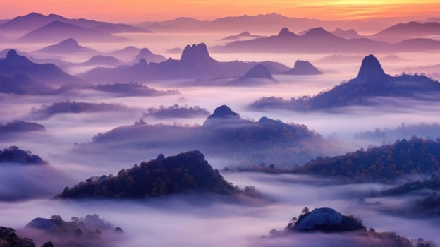 Landscape painting of a foggy forest with mountains in the background. Mystical foggy forest at dawn with layered hills and twilight sky. Atmospheric for meditation and tranquility themes. AIG35.