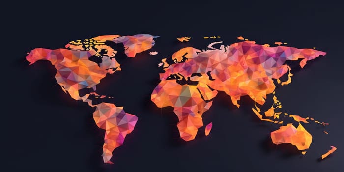 Polygonal world map on a dark background. The various bright world map made from polygon material. Geometric and digital data concept. Design for modern graphics, infographic, web background. AIG35.