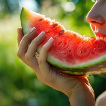 A woman indulges in the juicy sweetness of a slice of Watermelon, a Citrullus fruit, with a satisfied gesture and dripping juice on her fingers AIG50