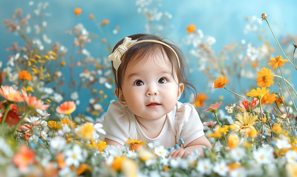Toddler Among Blooming Flowers. Selective focus.