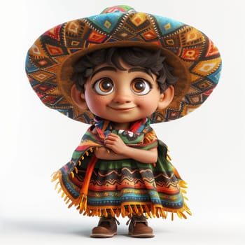 Cartoon, 3D boy in a sombrero and national dress. Selective focus.