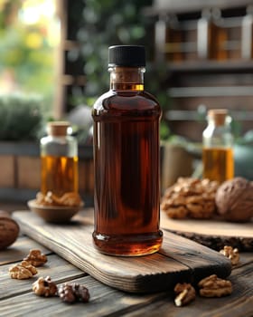 Walnut Oil and Whole Walnuts on Table. Selective focus.