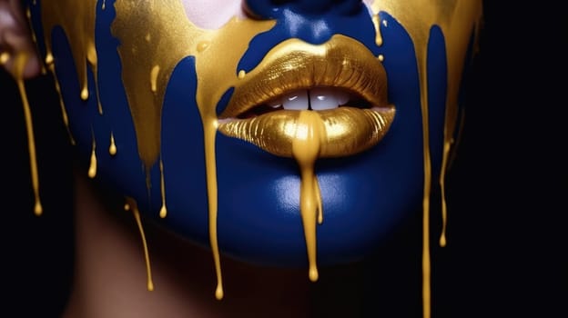Portrait of a woman with dripping gold paint on blue skin. Close up of beautiful female face painted with stained blue and gold color. Conceptual art for beauty, fashion, and transformation. AIG35.