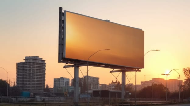 Empty billboard with a red background at sunset. Red billboard mockup surrounded with urban cityscape with twilight sky. Advertising concept with copy space for design and marketing. Mock up. AIG35.