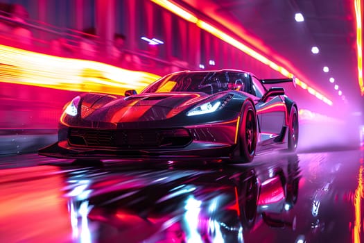 A sleek sports car with bright headlights is cruising down the dark street at night, showcasing its unique automotive design and powerful presence