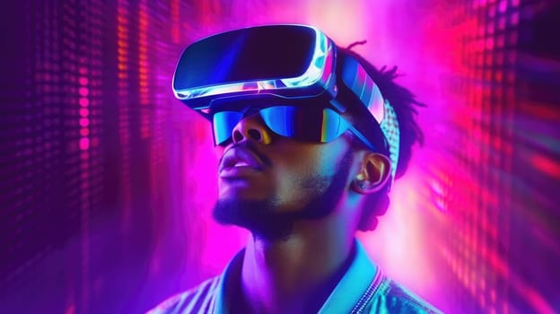 People wearing VR goggle while enter metaverse with neon color background. People with VR headset against abstract neon pattern background. Concept of virtual reality and futuristic technology. AIG35.