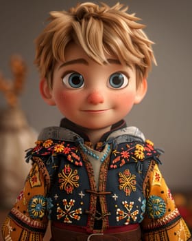 Cartoon, 3D boy in national traditional European attire. Selective focus.