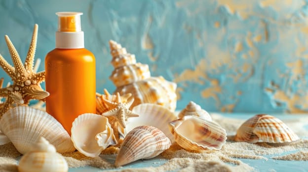 A white bottle of lotion is artistically surrounded by natural materials such as seashells and starfish. The intricate patterns of molluscs and invertebrates closeup create a beautiful piece of art AIG50