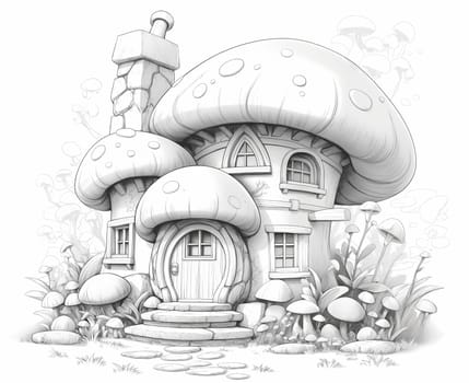Black and white illustration for coloring fairy house, building. Selective soft focus.