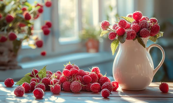 White Pitcher With Raspberries on Table. Selective focus.
