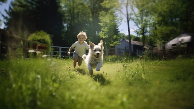 Attractive energetic child playing and running with dog at grass field with blurring background. Smiling cute boy or kid running after dog while golden sun shining. Creative recreation concept. AIG35.