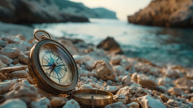 A compass rests on a stack of rocks amid natural materials like soil and wood. The electric blue water surrounds the landscape, home to marine biology like molluscs in the circle of life AIG50