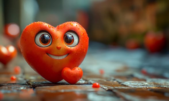 Cartoon, 3D, red heart shaped character. Selective focus.