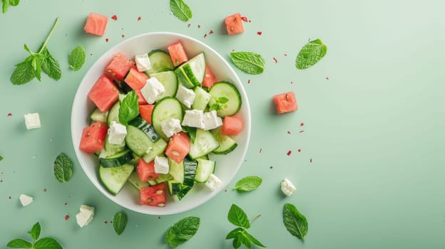 A refreshing salad featuring watermelon, cucumbers, feta cheese, and mint, served on a vibrant blue background. This dish combines fresh ingredients to create a colorful and delicious cuisine staple AIG50