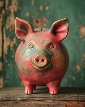 Old piggy bank for money on a vintage background. Selective focus.