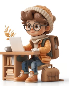 Cartoon, 3D, a boy works on a laptop at a table. Selective soft focus.