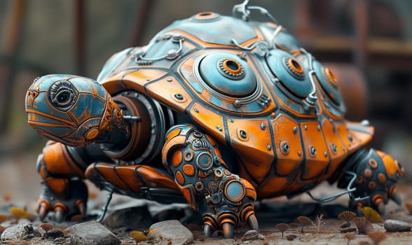 Mechanical turtle on an abstract background. Selective focus.
