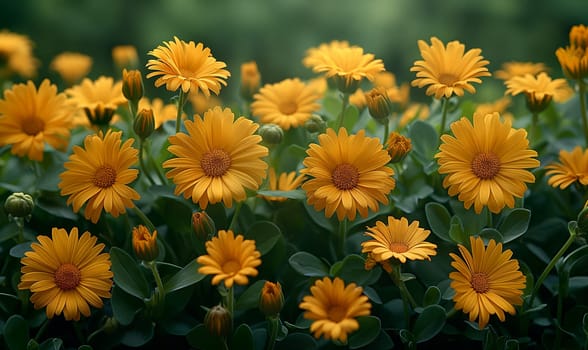 Golden Marigolds Amidst Lush Green Leaves. Selective focus.
