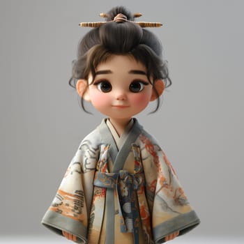 Cartoon, 3D girl in national traditional Asian attire. Selective focus