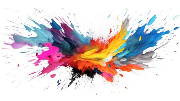 Explosion of vibrant fluid paint splashes on white background. Colorful watercolor bursting and splashing motion with separated white background. Artistic concept for creativity color dynamic. AIG35.