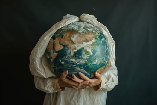 The picture of the person that has been holding the earth globe that come with the plastic bag that can stand for multiple meaning like protect the earth or keep the earth from plastic bag. AIGX01.