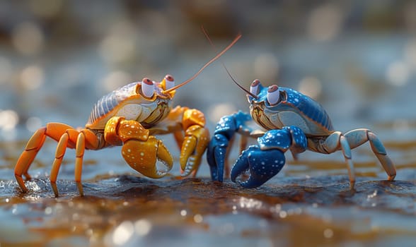 Cartoon, 3D, two crabs walking in the water along the shore. Selective focus.