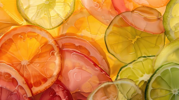 A colorful display of sliced citrus fruits such as orange, peach, and amber produce a vibrant array on the table. These ingredients can be used to create a delicious fruit dish in various cuisines AIG50