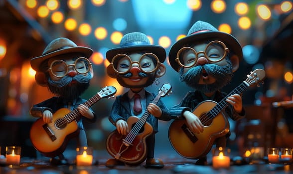 Three cartoon musicians play guitars together. Selective focus.