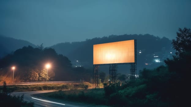 Billboard on a misty night street with city lights. Moody urban background with advertising space. The billboard advertisement, with a white background and a black border at night on highway. AIG35.