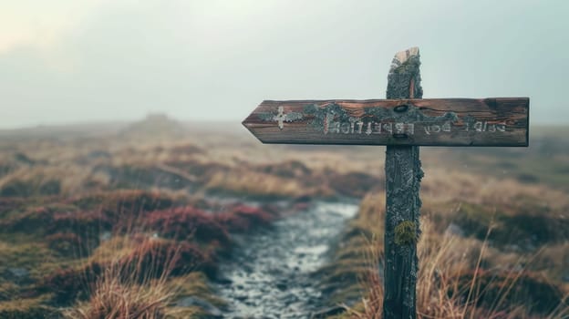 A wooden sign with a cross symbol and religious font, pointing right in a field under a sky. It blends art with natural landscape, resembling a twig in a cemetery AIG50