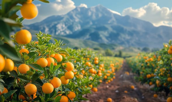 Orange Orchard With Mountain Backdrop at Dawn. Selective focus.