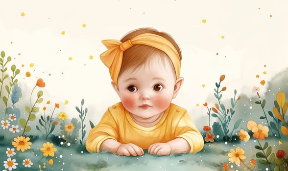 Toddler Among Blooming Flowers. Selective focus.