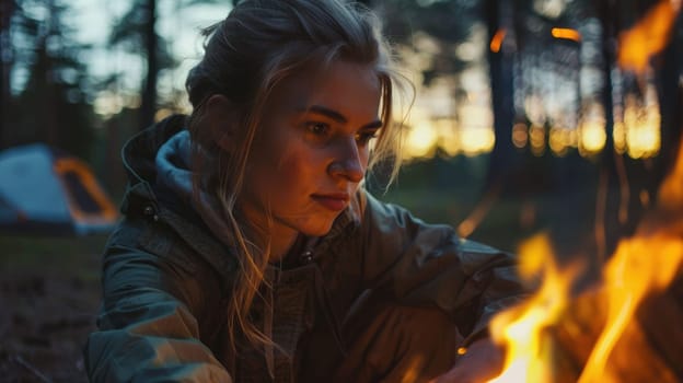 A fictional character, a woman, is having fun lighting an electric blue fire in the dark woods at night, creating warmth and light amidst the darkness AIG50