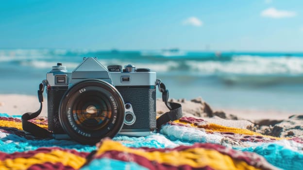 A camera is placed on a blanket at the beach, with the camera lens pointing towards the sea. It appears to be a digital camera, possibly a pointandshoot or mirrorless interchangeablelens camera AIG50