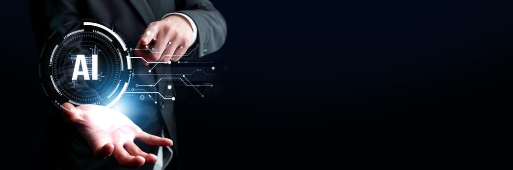 Human interact with AI artificial intelligence brain processor in concept of AI artificial intelligence engineering, big data and AI machine learning to use generative AI for business support. Faas
