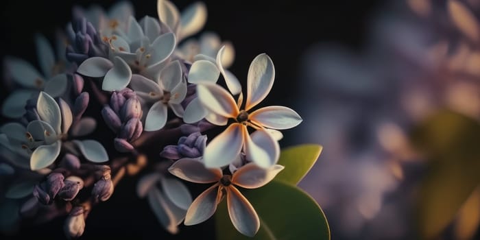 A close up image of a white flower with purple edges on a dark background. AIG51A.