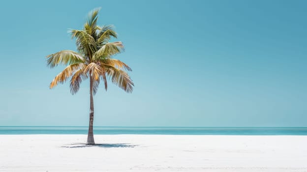 A palm tree stands on the sandy beach near the vast ocean, under a clear blue sky with fluffy clouds, adding to the beautiful coastal natural landscape AIG50
