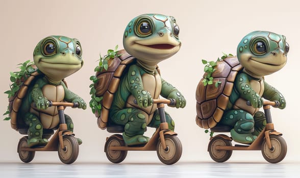 Cartoon, little turtles joyfully ride a scooter. Selective focus.