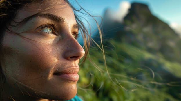 A close up of a womans face with a happy smile standing on top of a mountain, with grass and trees in the background under a clear blue sky AIG50