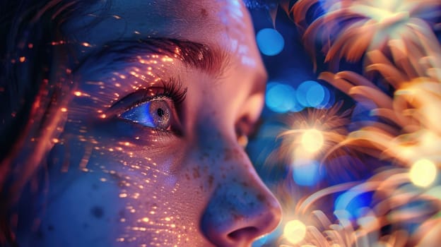 A closeup of a womans eye showcasing Christmas lights reflected in her iris. Her eyelashes are coated with electric blue mascara, complementing the festive eye makeup AIG50