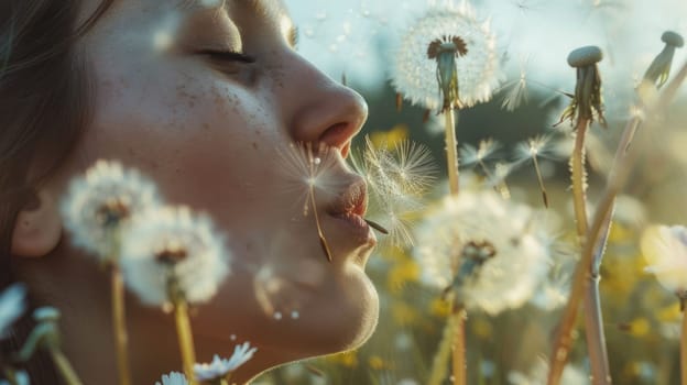 A woman is joyfully blowing dandelions in a field, creating a fun gesture in closeup macro photography. The delicate plants form a circle, resembling a beautiful piece of art AIG50